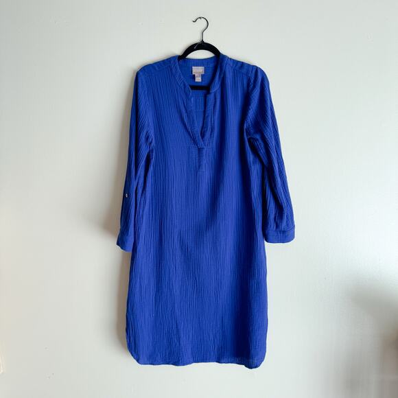 Chico's Blue Muslin Cotton Knee Length V Neck Dress - Size 1 or Medium - Picture 1 of 8